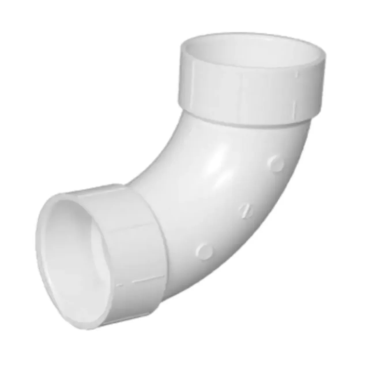 A Go Build 2 in. PVC DWV 90-Degree Long Sweep All Hub fitting, featuring two open ends for connecting sanitary drain pipes at a right angle, shown against a plain white background.